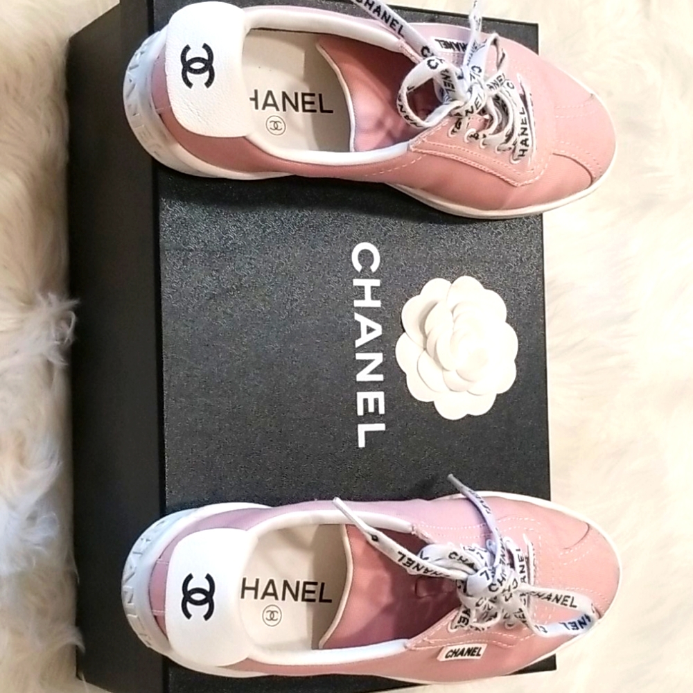 CHANEL Pink and White Low-Top Sneakers